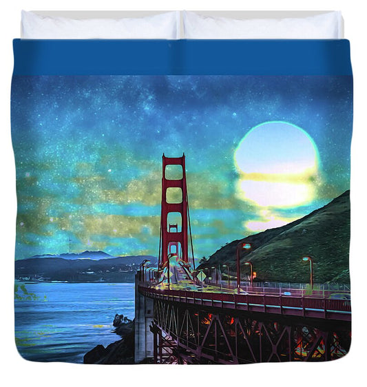 Golden Gate Bridge and Artistic Moon Landscape - Duvet Cover