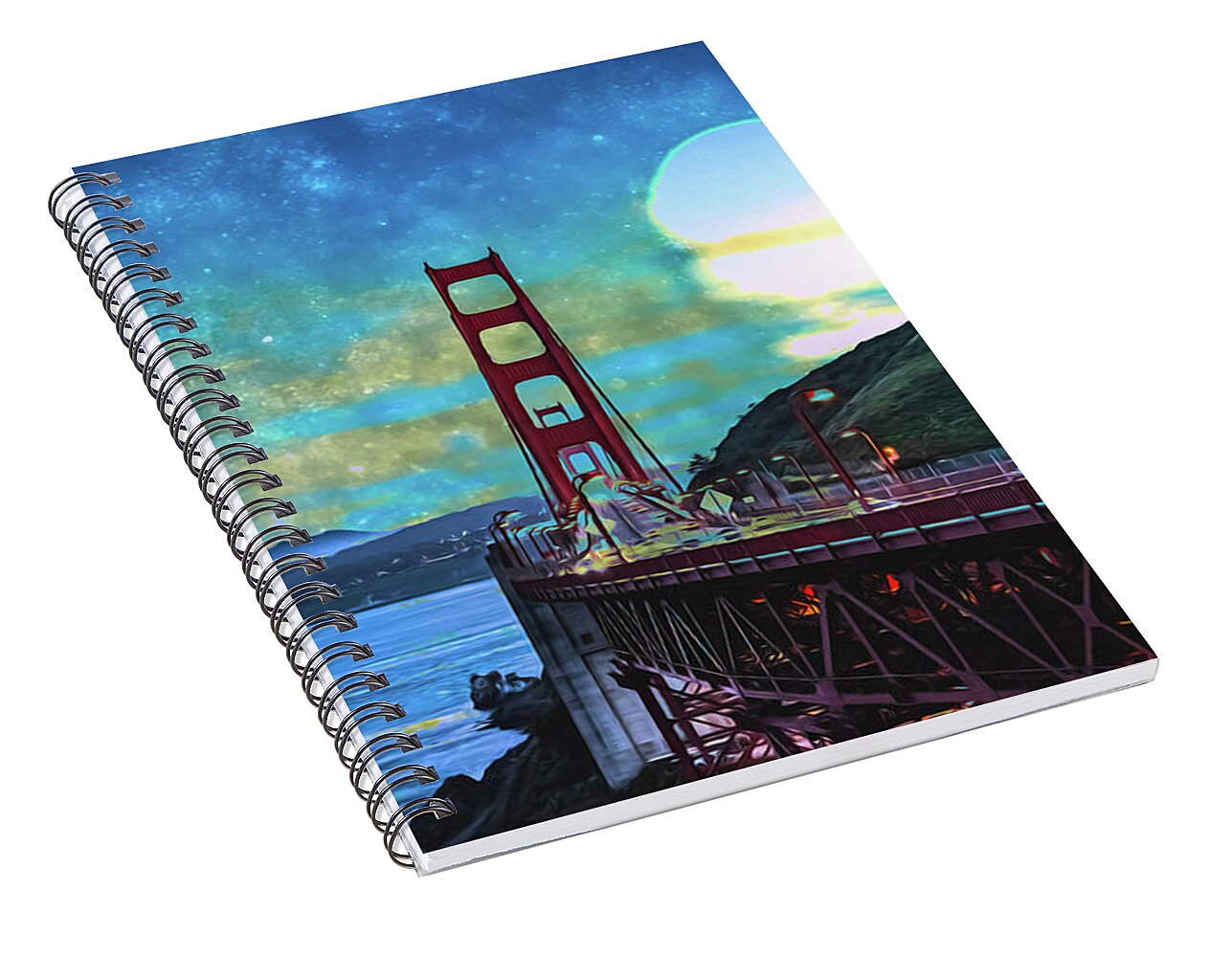 Golden Gate Bridge and Artistic Moon Landscape - Spiral Notebook