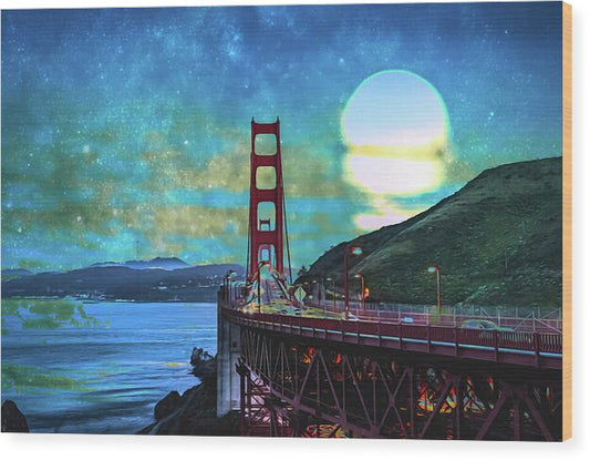 Golden Gate Bridge and Artistic Moon Landscape - Wood Print