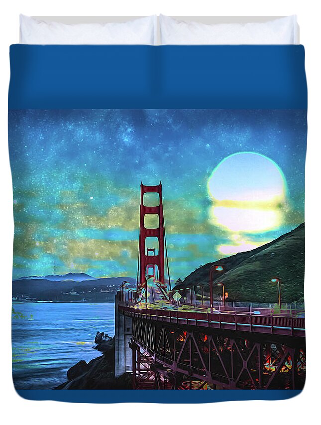 Golden Gate Bridge and Artistic Moon Landscape - Duvet Cover