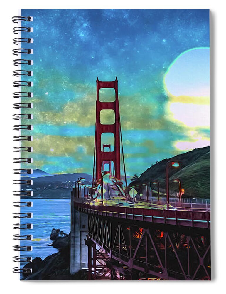 Golden Gate Bridge and Artistic Moon Landscape - Spiral Notebook
