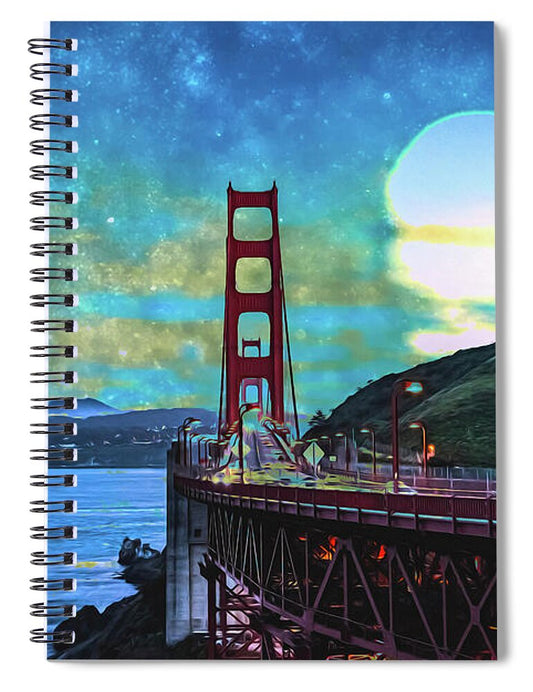 Golden Gate Bridge and Artistic Moon Landscape - Spiral Notebook