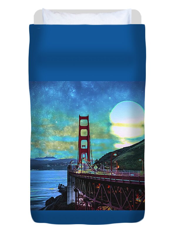Golden Gate Bridge and Artistic Moon Landscape - Duvet Cover