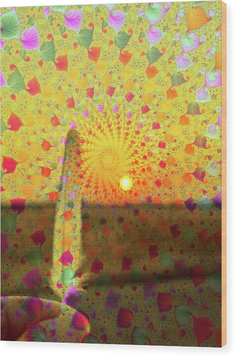 Golden Sunset and Feather with Fractals - Wood Print
