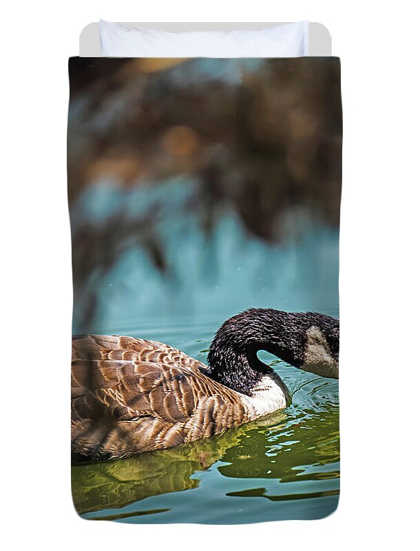 Goose Swimming in Tranquil Lake - Duvet Cover