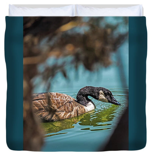 Goose Swimming in Tranquil Lake - Duvet Cover