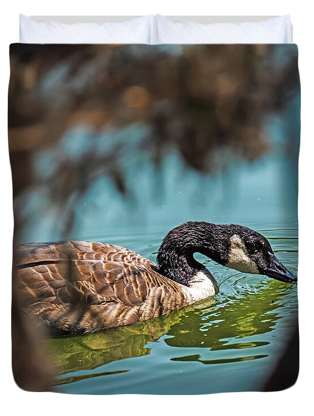 Goose Swimming in Tranquil Lake - Duvet Cover