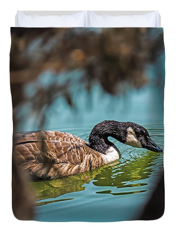 Goose Swimming in Tranquil Lake - Duvet Cover