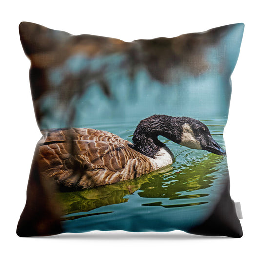 Goose Swimming in Tranquil Lake - Throw Pillow