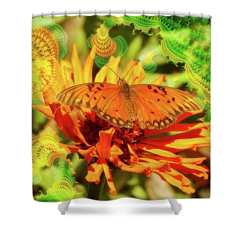 Greens and Oranges Butterfly Abstract - Shower Curtain