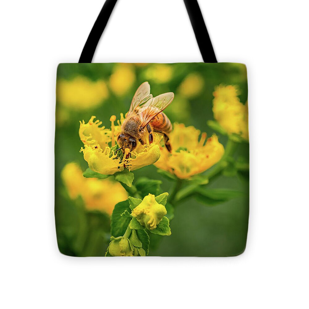 Landscape of a bee and yellow flowers - Tote Bag