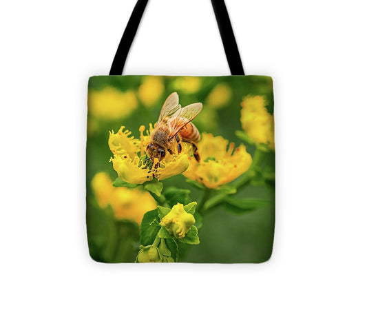 Landscape of a bee and yellow flowers - Tote Bag