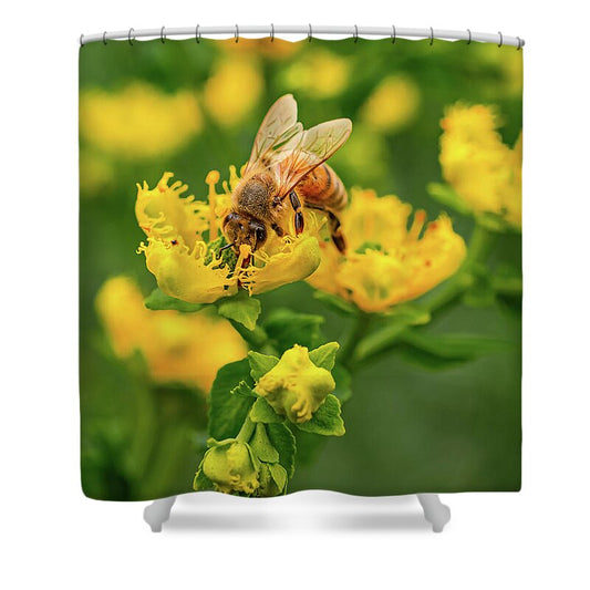 Landscape of a bee and yellow flowers - Shower Curtain