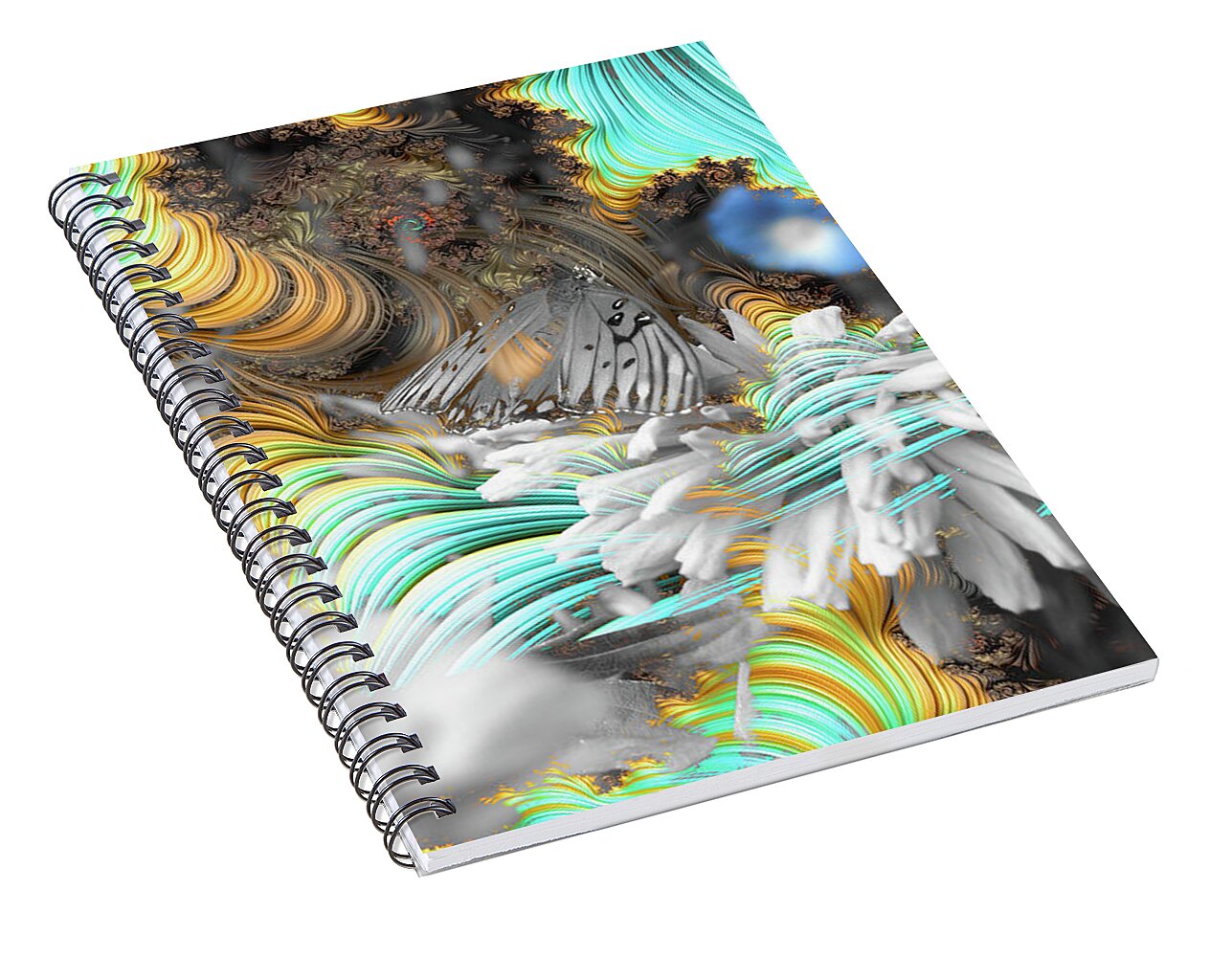 Light Blue Patterns in a Garden with FLower and Butterfly - Spiral Notebook