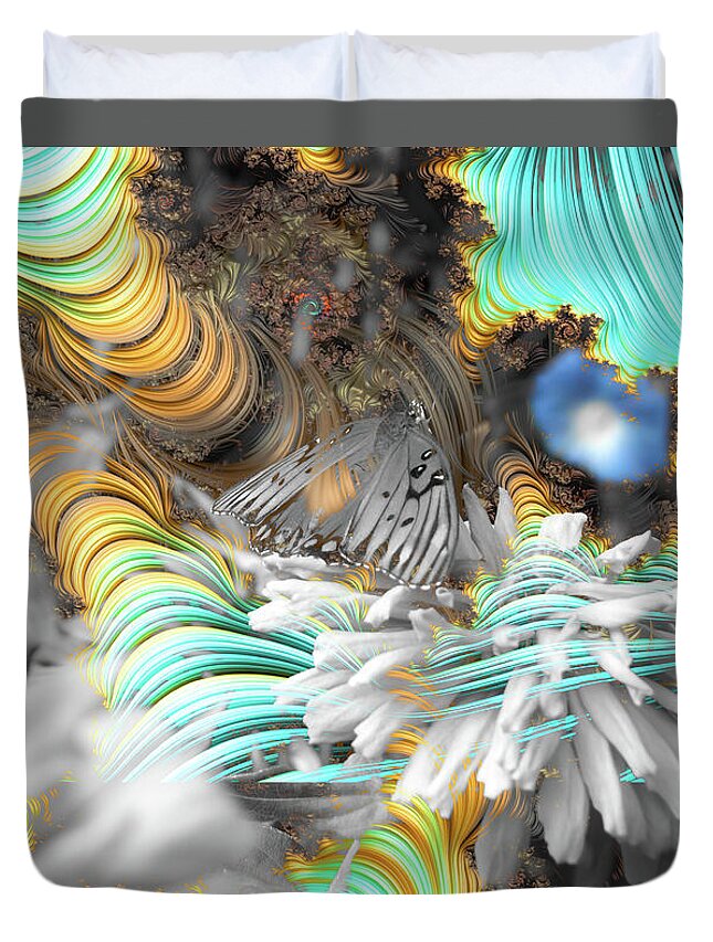 Light Blue Patterns in a Garden with FLower and Butterfly - Duvet Cover