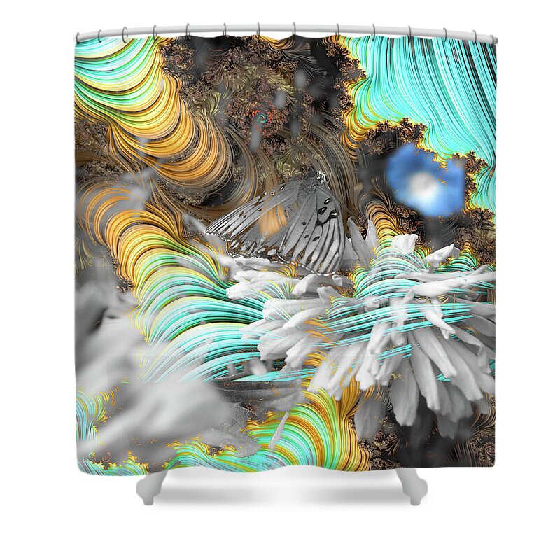 Light Blue Patterns in a Garden with FLower and Butterfly - Shower Curtain
