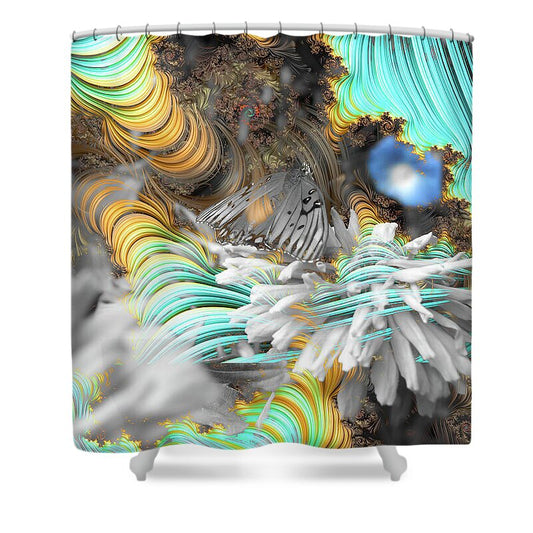 Light Blue Patterns in a Garden with FLower and Butterfly - Shower Curtain