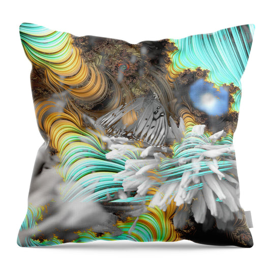 Light Blue Patterns in a Garden with FLower and Butterfly - Throw Pillow