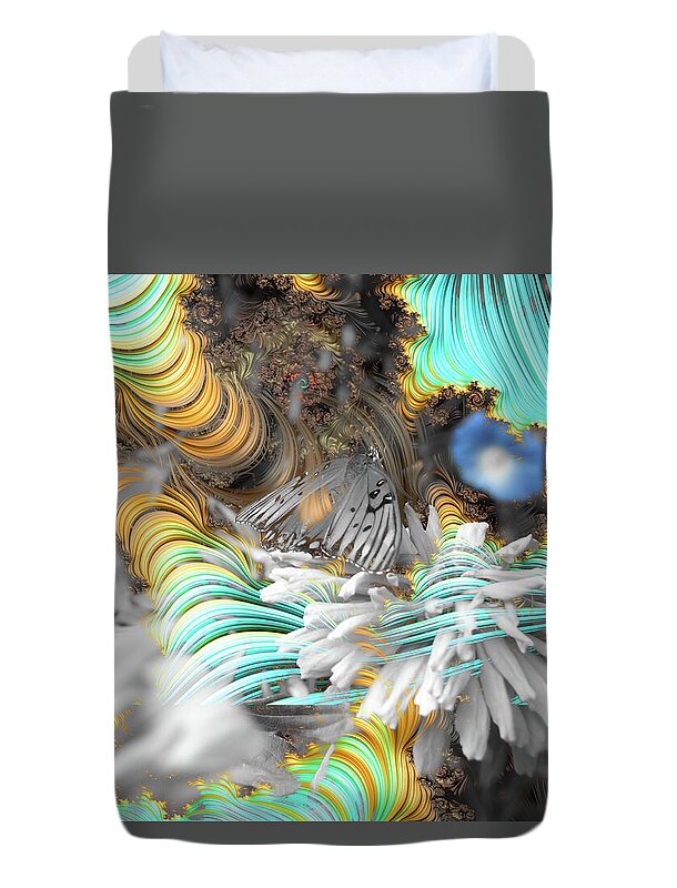 Light Blue Patterns in a Garden with FLower and Butterfly - Duvet Cover