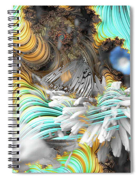 Light Blue Patterns in a Garden with FLower and Butterfly - Spiral Notebook