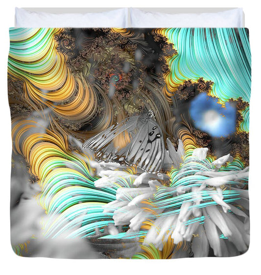 Light Blue Patterns in a Garden with FLower and Butterfly - Duvet Cover