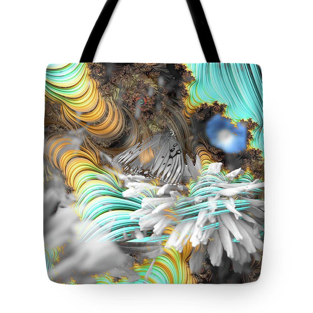 Light Blue Patterns in a Garden with FLower and Butterfly - Tote Bag