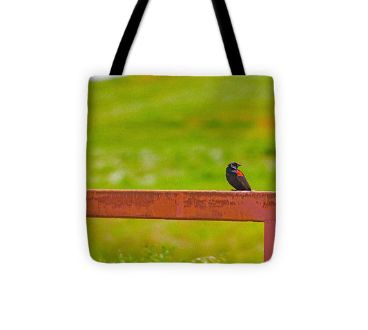 Lonely Small Bird Chilling on a Fence - Tote Bag