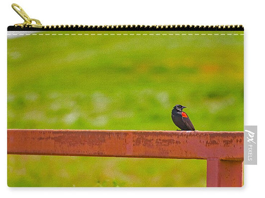Lonely Small Bird Chilling on a Fence - Zip Pouch