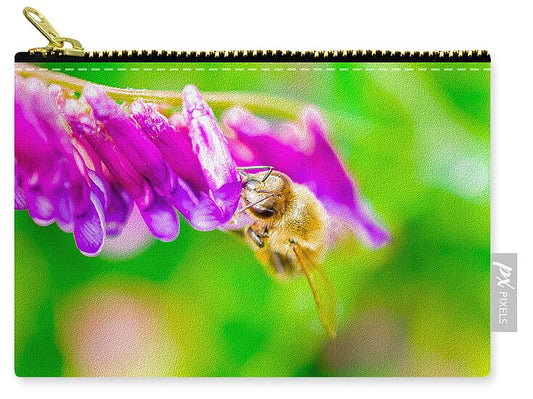 Macro Bee on a Purple Flower with Green Background - Zip Pouch