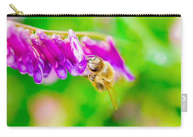 Macro Bee on a Purple Flower with Green Background - Zip Pouch