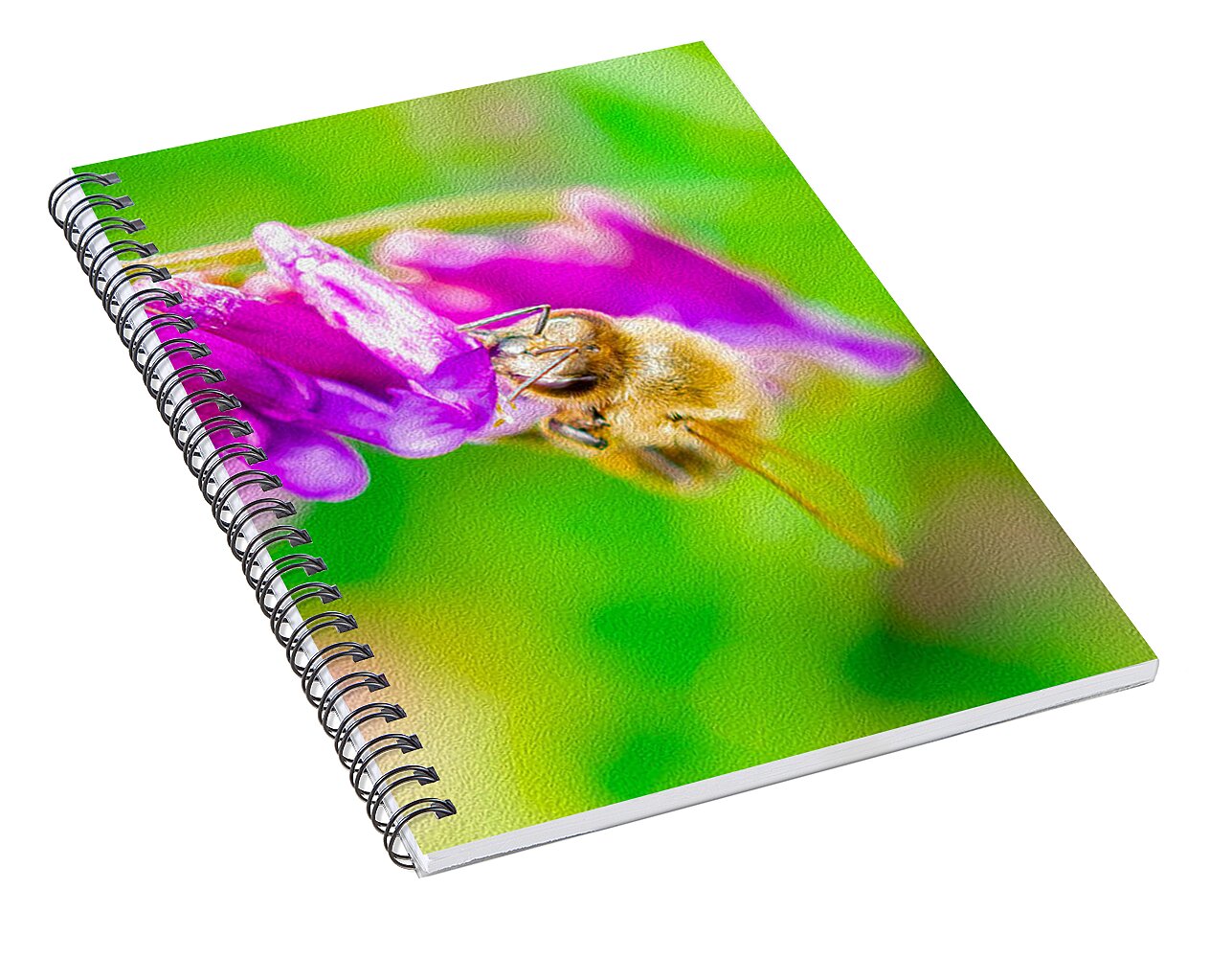 Macro Bee on a Purple Flower with Green Background - Spiral Notebook