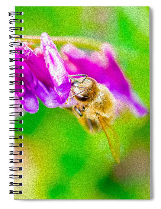 Macro Bee on a Purple Flower with Green Background - Spiral Notebook
