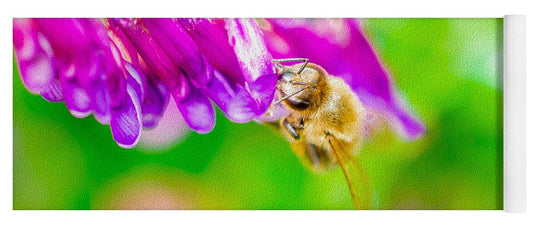 Macro Bee on a Purple Flower with Green Background - Yoga Mat