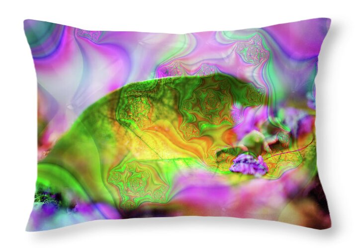 Magenta Fractals and Natural Leaf - Throw Pillow
