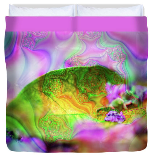 Magenta Fractals and Natural Leaf - Duvet Cover