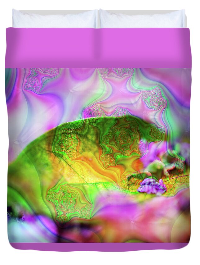Magenta Fractals and Natural Leaf - Duvet Cover