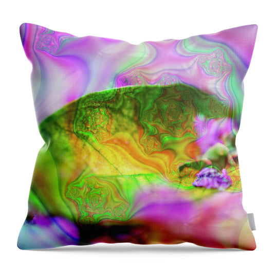 Magenta Fractals and Natural Leaf - Throw Pillow