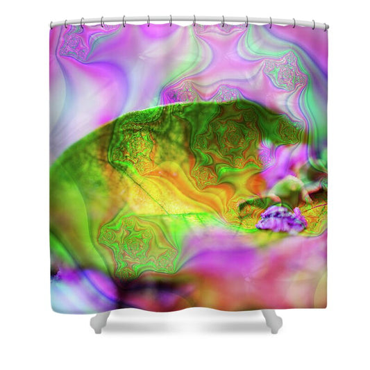 Magenta Fractals and Natural Leaf - Shower Curtain