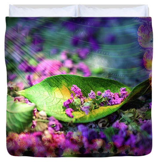 Magenta Petals Carefully Carried by a Leaf - Duvet Cover
