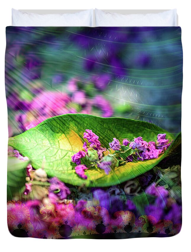 Magenta Petals Carefully Carried by a Leaf - Duvet Cover