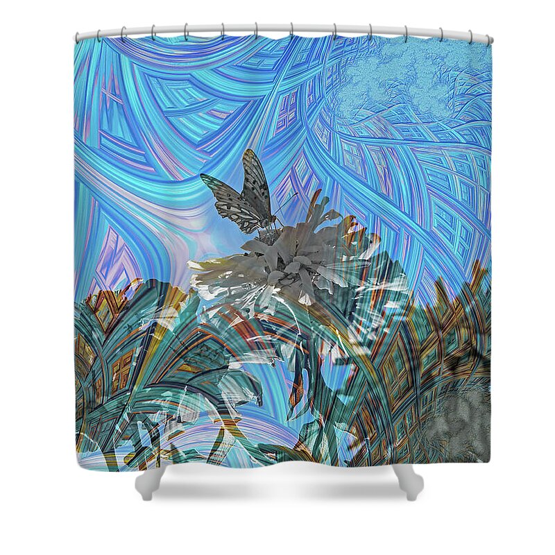 Matrix Layers of Blue Butterfly and FLower Landscape - Shower Curtain