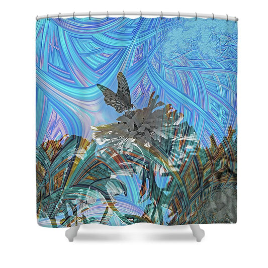 Matrix Layers of Blue Butterfly and FLower Landscape - Shower Curtain