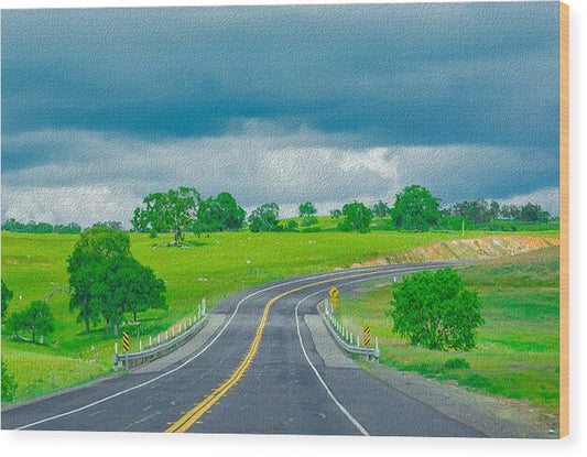 Natural Cloudy Day Road Landscape - Wood Print