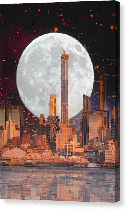 New York City and Big Moon Artistic Painting - Canvas Print