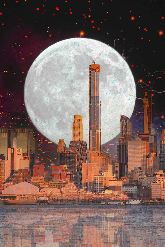 New York City and Big Moon Artistic Painting - Art Print