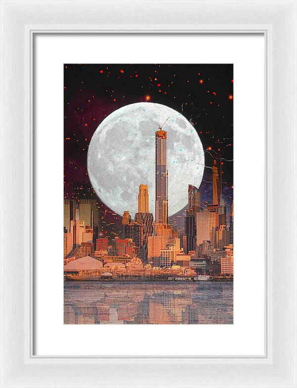 New York City and Big Moon Artistic Painting - Framed Print