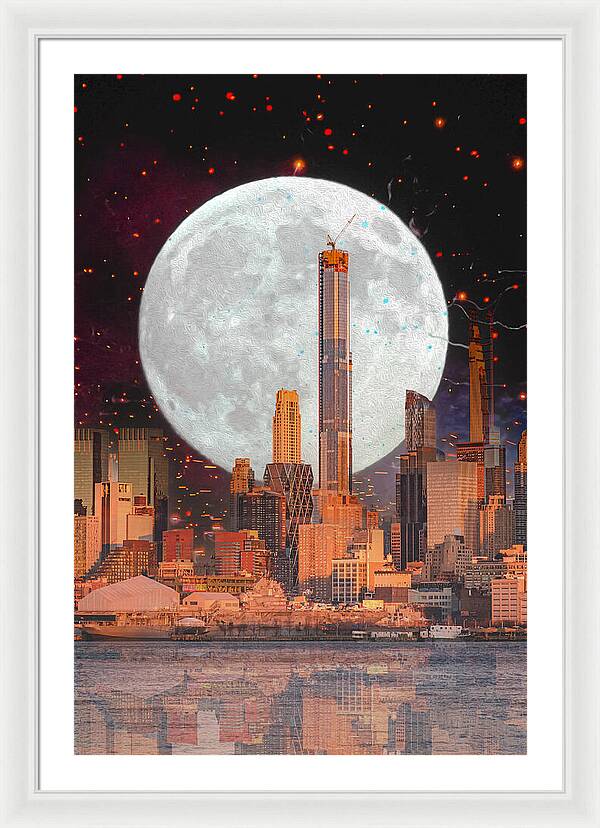 New York City and Big Moon Artistic Painting - Framed Print