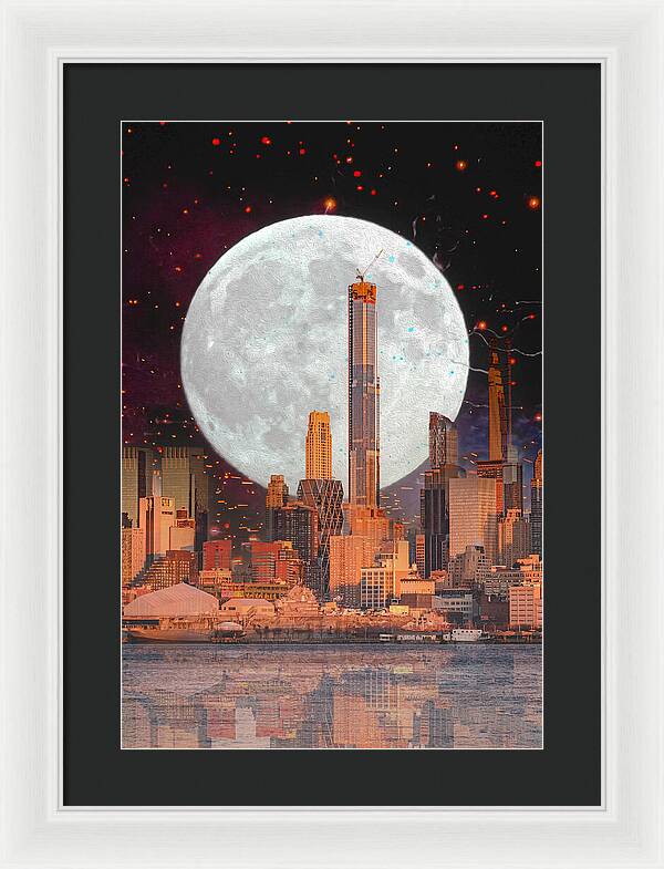 New York City and Big Moon Artistic Painting - Framed Print