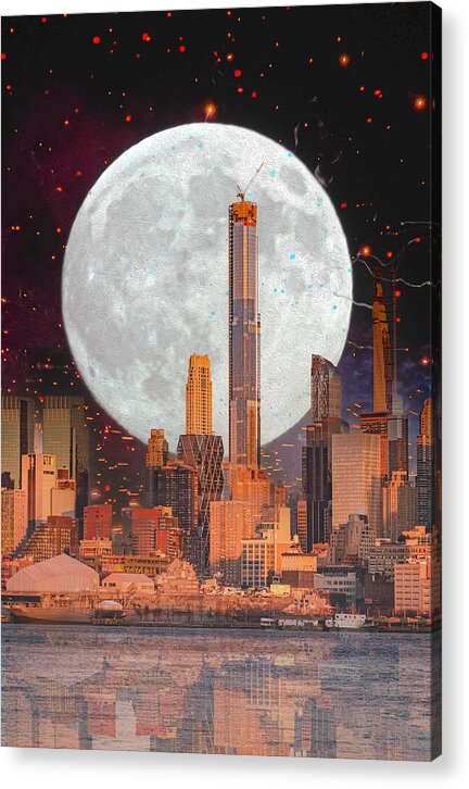 New York City and Big Moon Artistic Painting - Acrylic Print