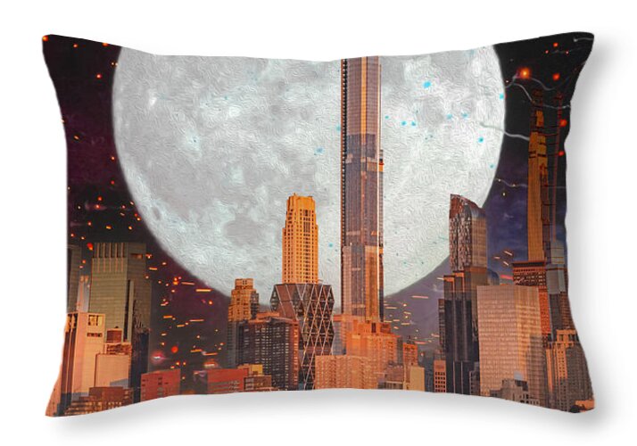 New York City and Big Moon Artistic Painting - Throw Pillow